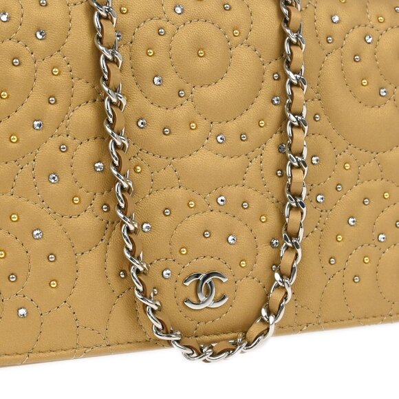 Chanel Beige Lambskin Rhinestone Camellia WOC Shoulder Wallet Bag 185633 - Picture 4 of 7